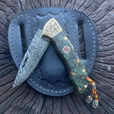 Damascus Steel Folding Pocket Knife Green